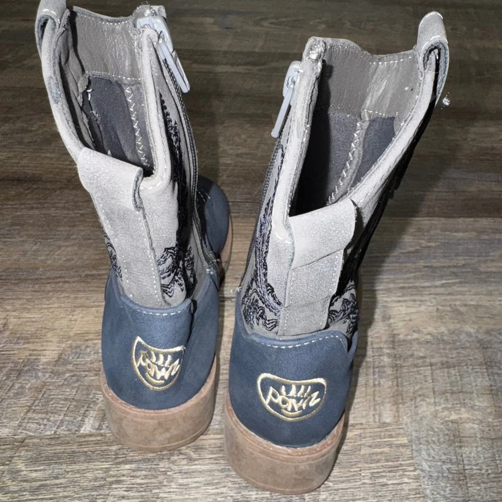 Pawz Kids Size 13 Cowboy Boots Navy Gray Western Embroidered Boys Girls Zip